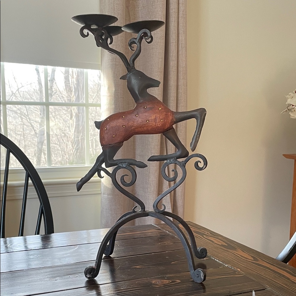Pier 1 Vintage Wrought Iron Wood Black Brown Reindeer Stag Large 3 Candle Holder